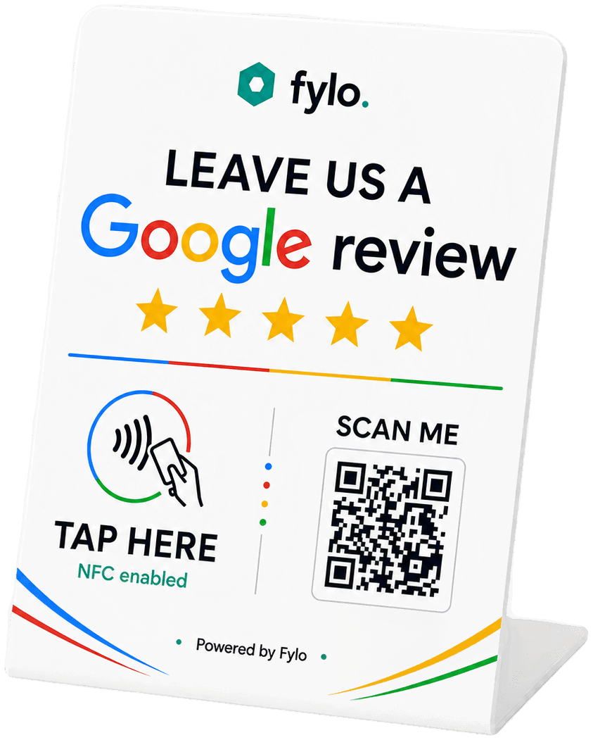 The Fylo review stand on a counter.